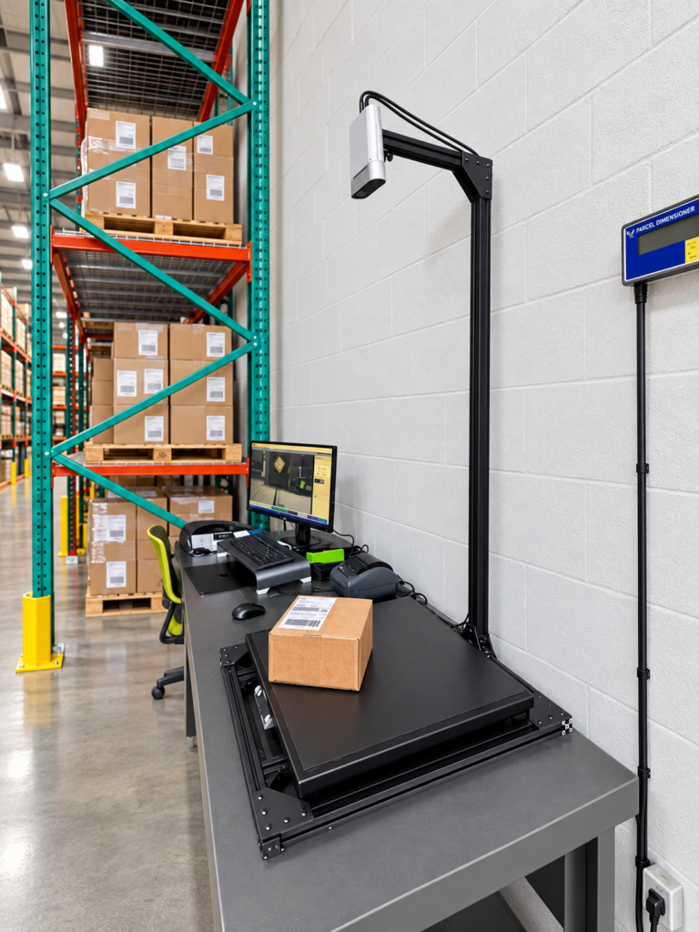 Freight dimensioner para medir automáticamente dimensiones y peso de paquetes en un almacén logístico.