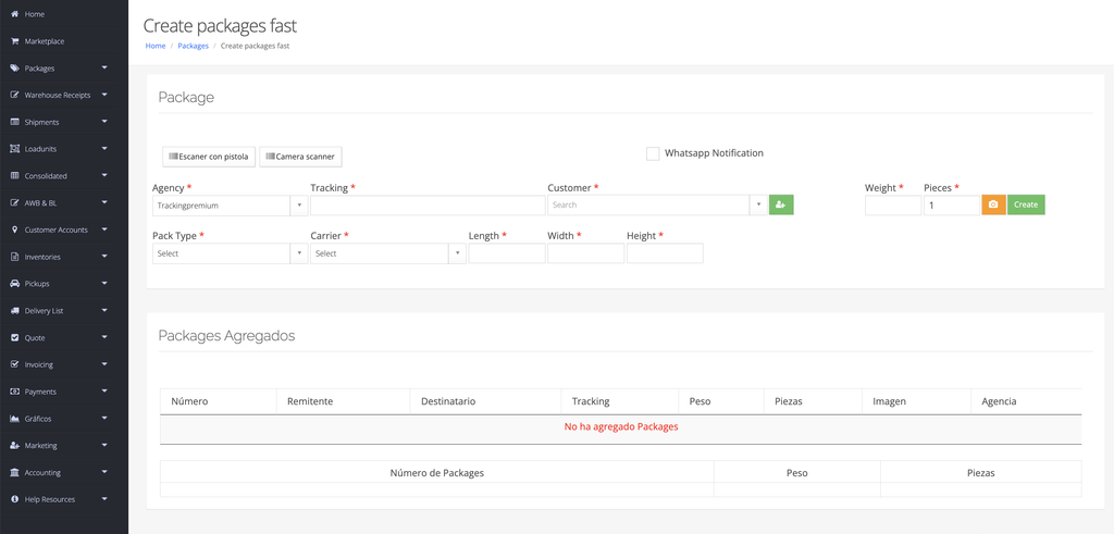 Software de logistica con recepción de paquetes y creación automática de Warehouse Receipts.