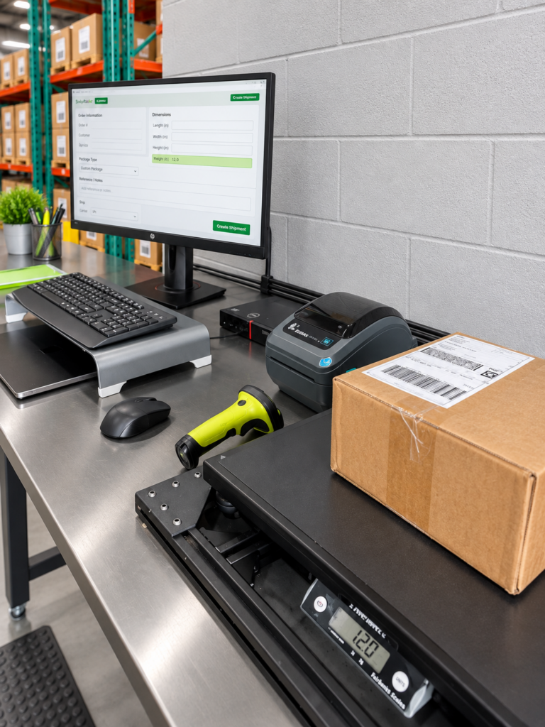 Dimensionador de paquetes con báscula, escáner y software para automatizar la recepción en almacenes de courier.