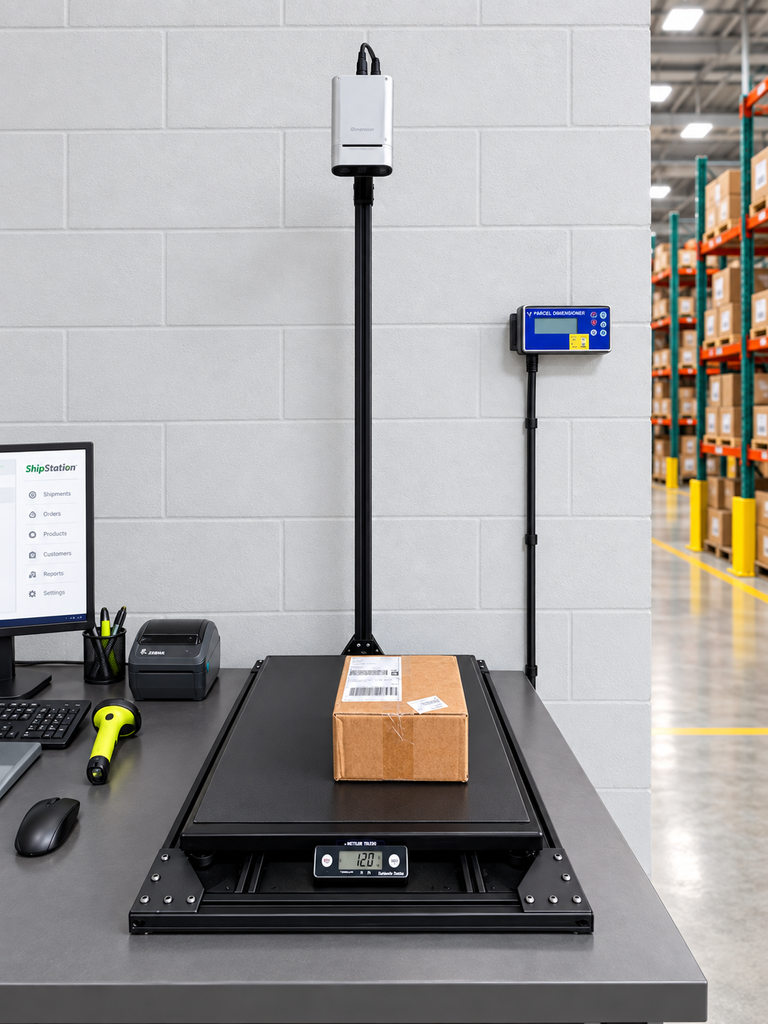 Sistema de dimensionamiento de carga para calcular volumen, peso volumétrico y dimensiones de cajas en almacén.