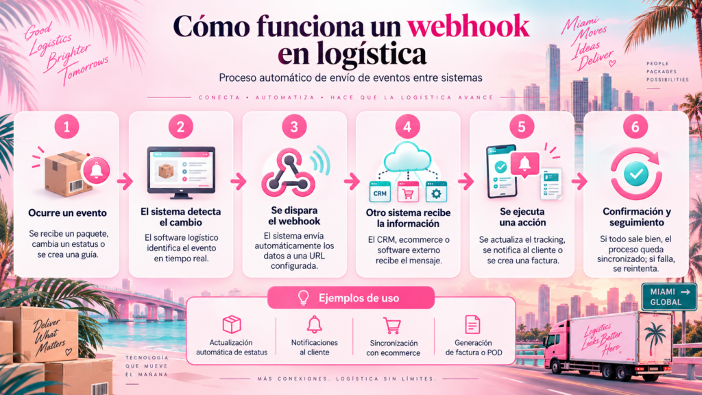 Webhook de tracking enviando cambios de estado de paquetes en tiempo real.